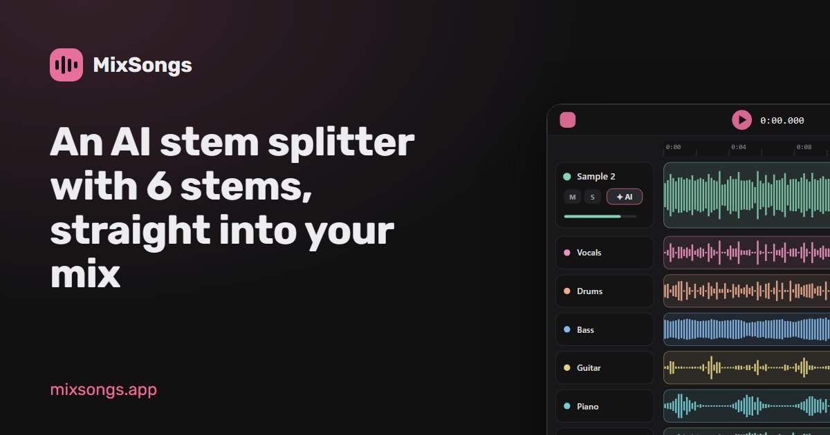 Screenshot of MixSongs, Six-stem AI separation that drops straight into a browser mixing timeline